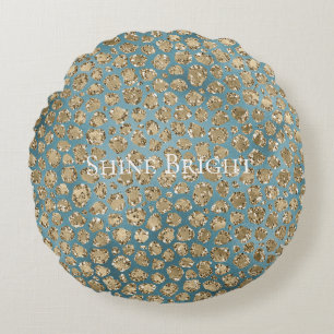 Gold Teal Blue Green Glitzy Leopard Print Round Pillow