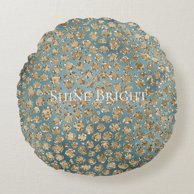 Gold Teal Blue Green Glitzy Leopard Print      Round Pillow (Front)