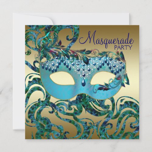 Gold Teal Blue Masquerade Party Invitations