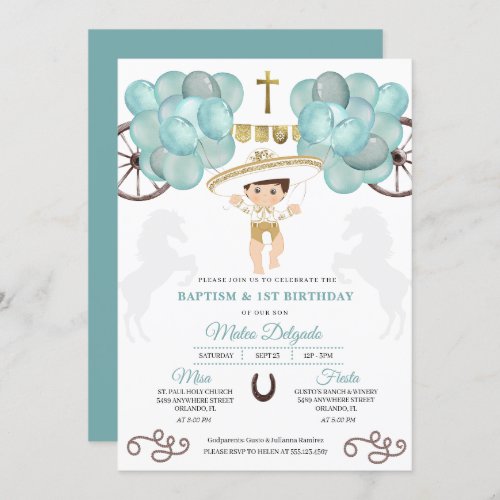 Gold  Teal Blue Mexican Baby Boy Charro Baptism Invitation