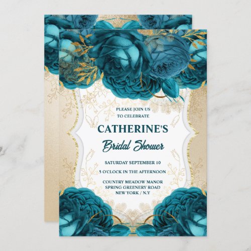 Gold teal blue rose watercolor bridal shower chic  invitation