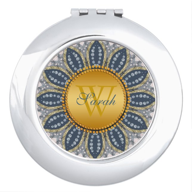 Gold Teal Blue  Special Sunflower Monogram Compact Mirror (Front)