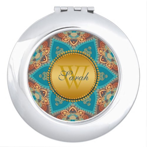 Gold Teal Blue Sunflower Compact Mirror
