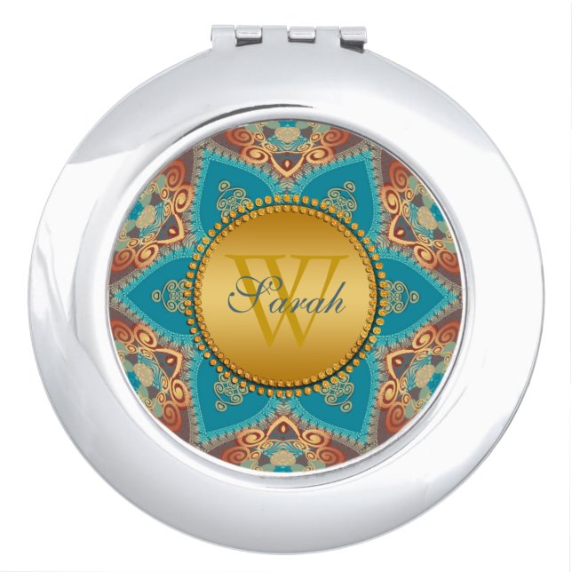 Gold Teal Blue Sunflower Compact Mirror (Front)