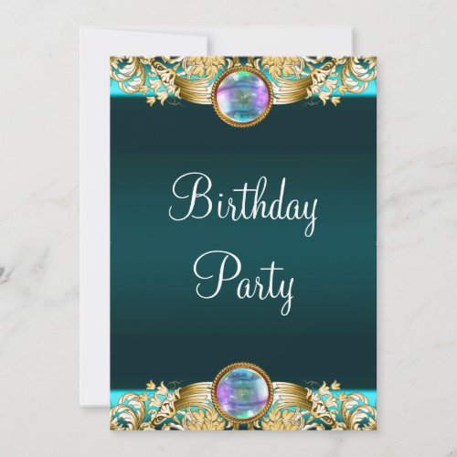 Gold Teal Blue Womans Birthday Party Invitation