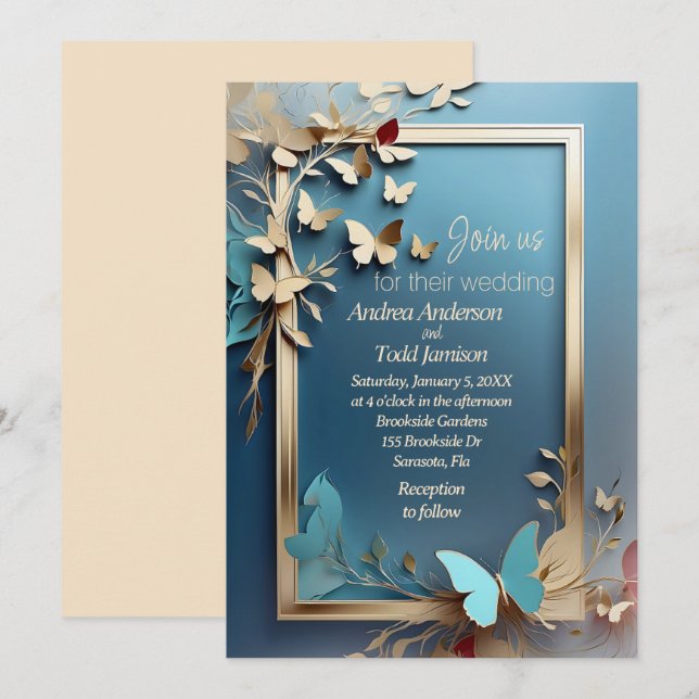 Gold teal branches, leaves, butterflies wedding invitation (Front/Back)