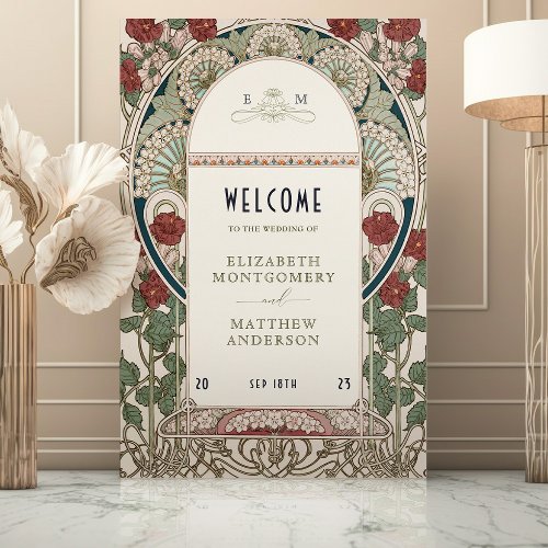 Gold Teal Burgundy Welcome Sign Wedding Nouveau