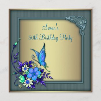Gold Teal Butterfly Womans 50th Birthday Party Invitation by InvitationCentral at Zazzle