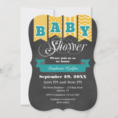 Gold Teal Chalkboard Flag Baby Shower Invite