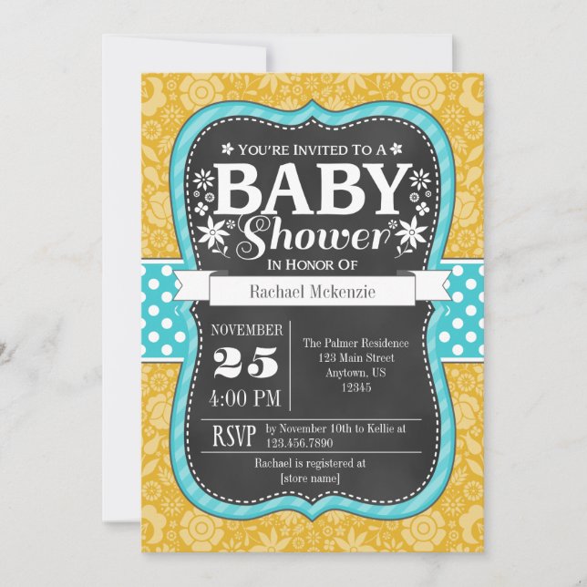 Gold Teal Chalkboard Floral Baby Shower Invite (Front)