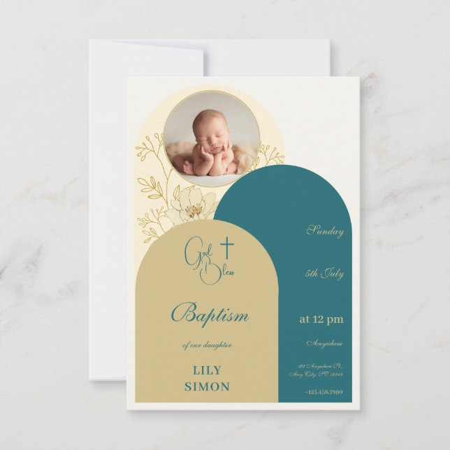 Gold teal christening Baptism RSVP Card (Front)