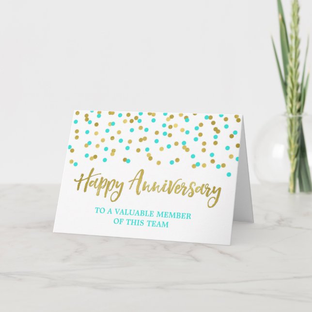 Gold Teal Confetti Employee Anniversary Card (Front)