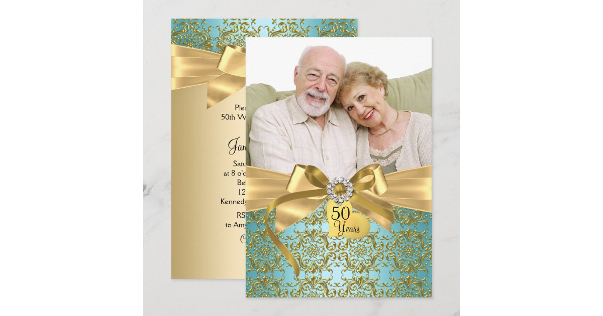 Gold Teal Damask & Bow Photo 50th Anniversary Invitation | Zazzle