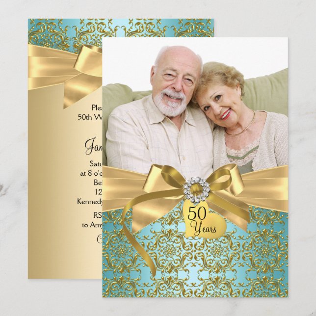 Gold Teal Damask & Bow Photo 50th Anniversary Invitation (Front/Back)