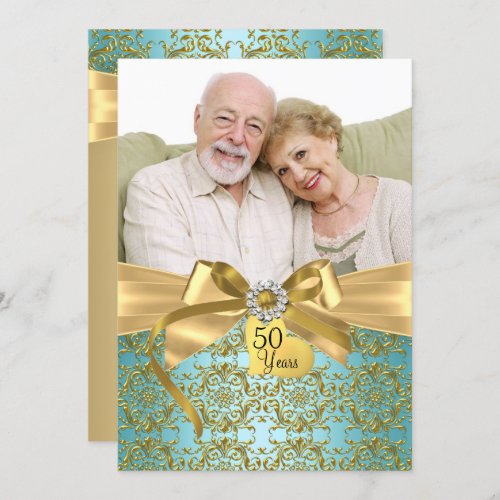 Gold Teal Damask  Bow Photo 50th Anniversary Invitation