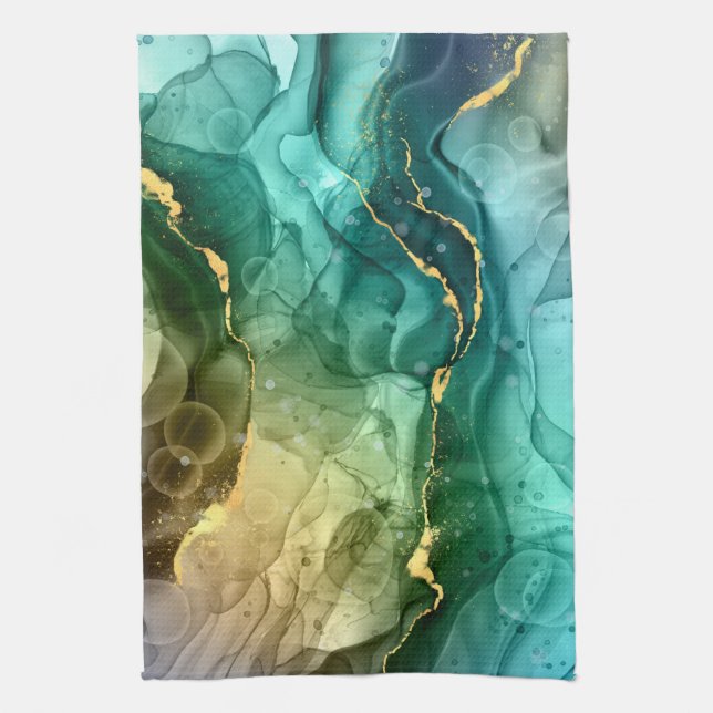 Gold, Teal & Dark Grey Liquid Ink Kitchen Towel (Vertical)