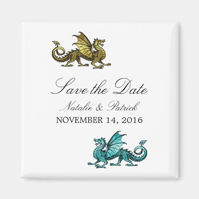Gold Teal Dragon Save the Date Magnet (Front)
