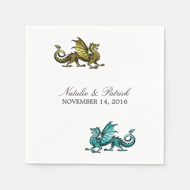 Gold Teal Dragon Wedding Paper Napkins (Front)