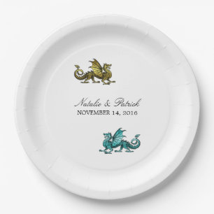 Gold Teal Dragon Wedding Paper Plates