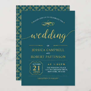 Gold & Teal Elegant Classic Wedding Ceremony Invitation
