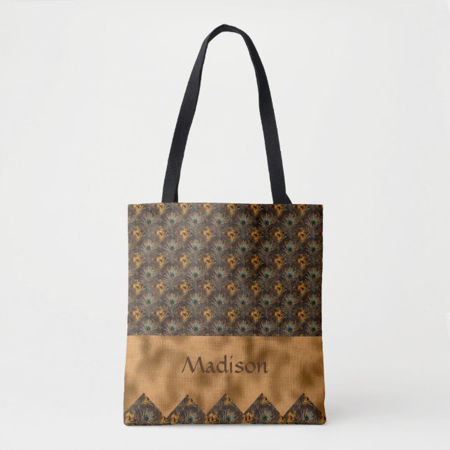 Gold Teal Elegant Peacock Pretty Name Personalized Tote Bag (Front)