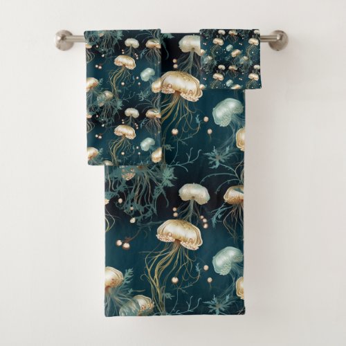 Gold  Teal Ethereal Jellyfish  Bath Towel Set