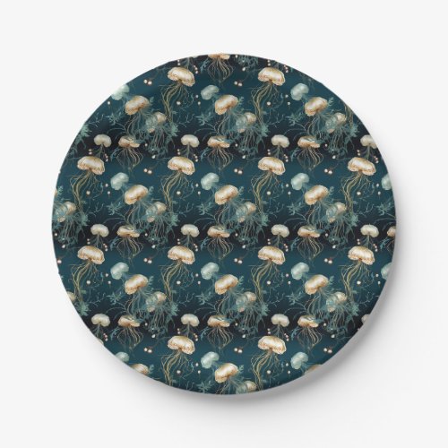 Gold  Teal Ethereal Jellyfish  Paper Plates