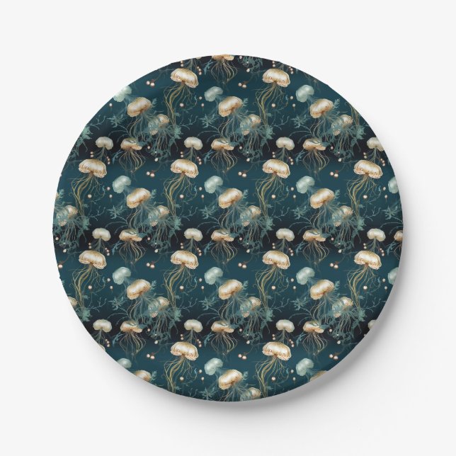 Gold & Teal Ethereal Jellyfish  Paper Plates (Front)