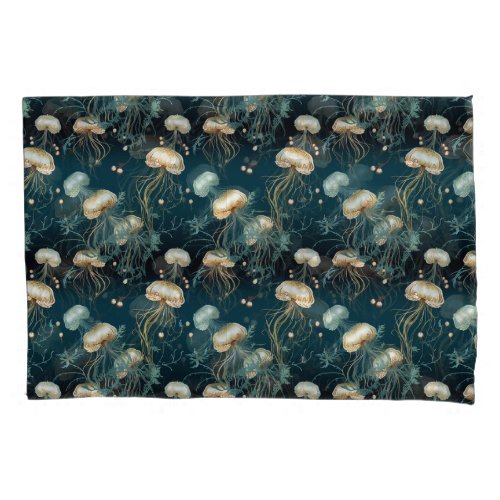 Gold  Teal Ethereal Jellyfish  Pillow Case