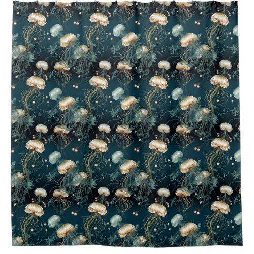 Gold  Teal Ethereal Jellyfish  Shower Curtain
