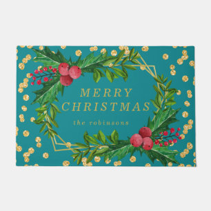 Gold Teal Family Merry Christmas Holly Glitter Doormat