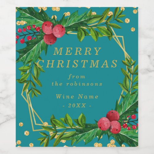 Gold Teal Family Merry Christmas Holly Glitter Wine Label