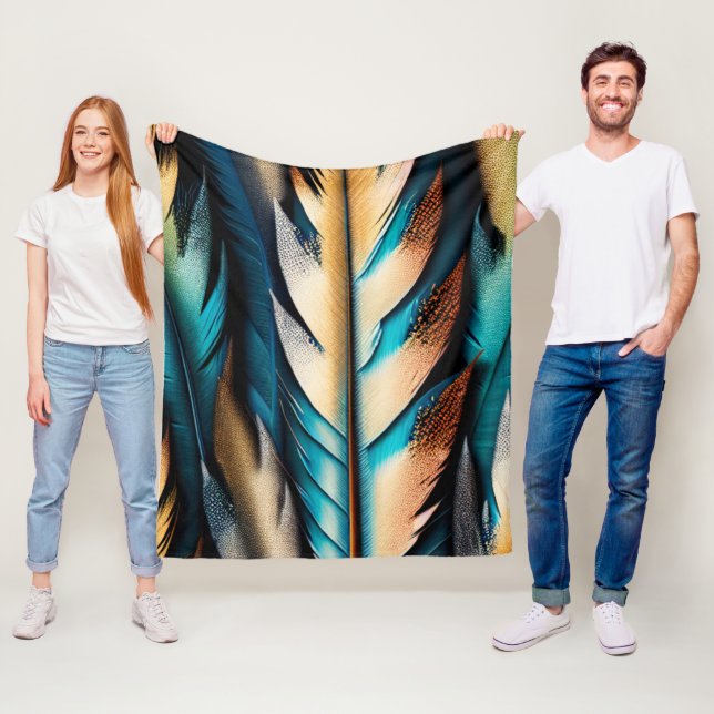 Gold & Teal Feather Art Fleece Blanket (In Situ)