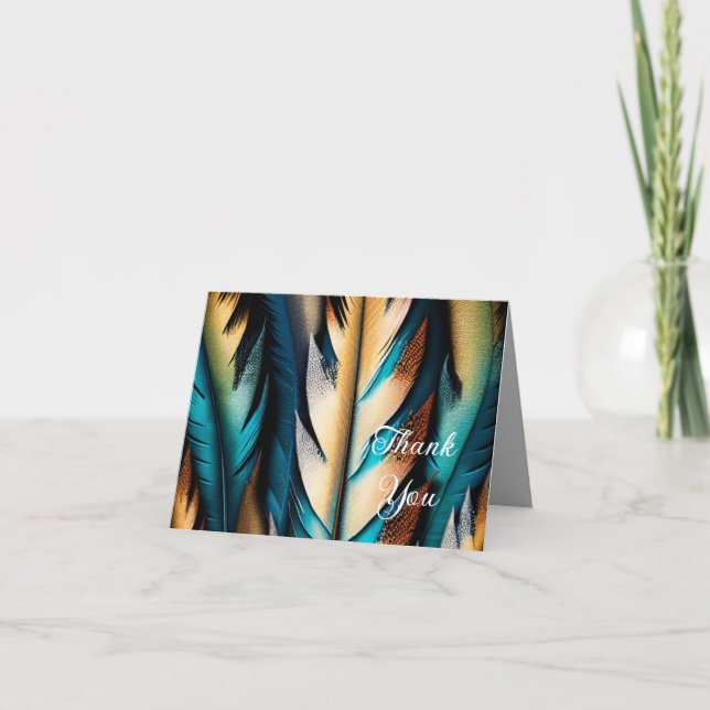 Gold & Teal Feather Art Thank You Card (Front)