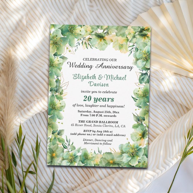 Gold Teal Floral 20th Wedding Anniversary Invitation (Creator Uploaded)