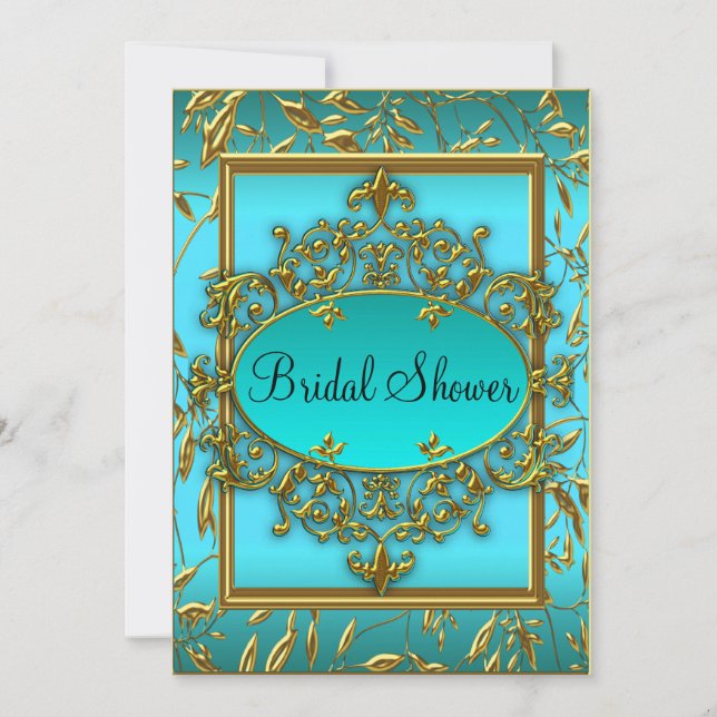 Gold & Teal Floral Damask Bridal Shower Invite (Front)