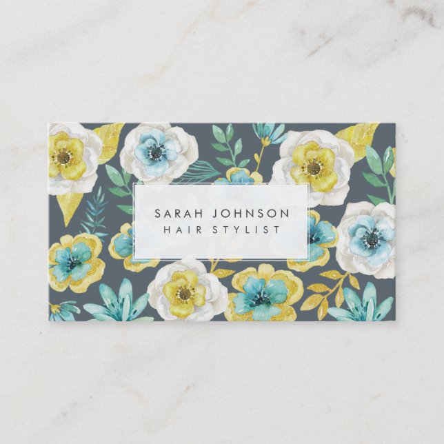 Gold Teal Floral Hair Stylist Business Cards (Front)