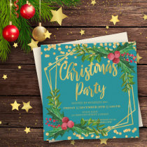 Gold Teal Floral Holly Glitter Christmas Corporate Invitation