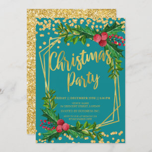 Gold Teal Floral Holly Glitter Christmas Corporate Invitation