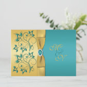 Gold, Teal Floral Monogram Wedding Invitation (Standing Front)