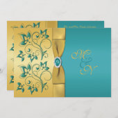 Gold, Teal Floral Monogram Wedding Invitation (Front/Back)