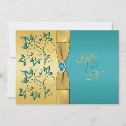 Gold, Teal Floral Monogram Wedding Invitation