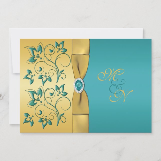 Gold, Teal Floral Monogram Wedding Invitation (Front)