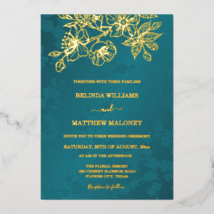 Gold Teal Floral Wedding Foil Invitation