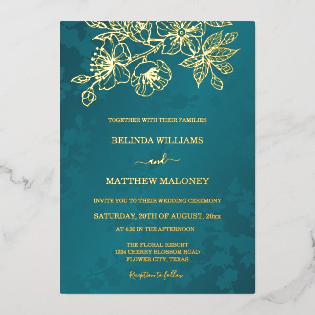 Gold Teal Floral Wedding Foil Invitation (Front)