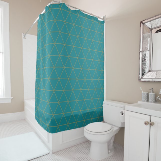 Gold Teal Geometric Triangles Boho Glam Minimal Shower Curtain (In Situ)