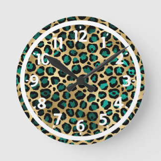 Gold & Teal Glam Leopard Print Round Clock