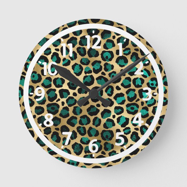 Gold & Teal Glam Leopard Print Round Clock (Front)