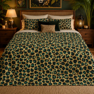 Gold & Teal Glam Leopard Print Sherpa Blanket