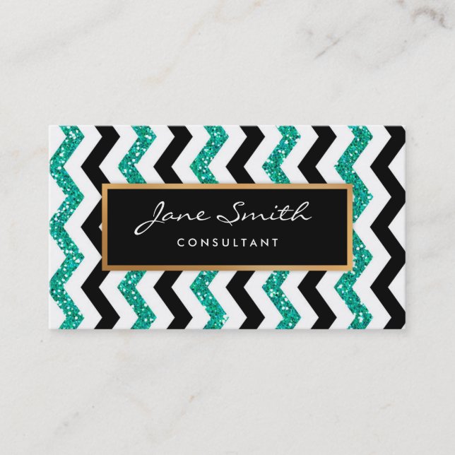 Gold, Teal Glitter, Black & White Chevron Pattern Business Card (Front)